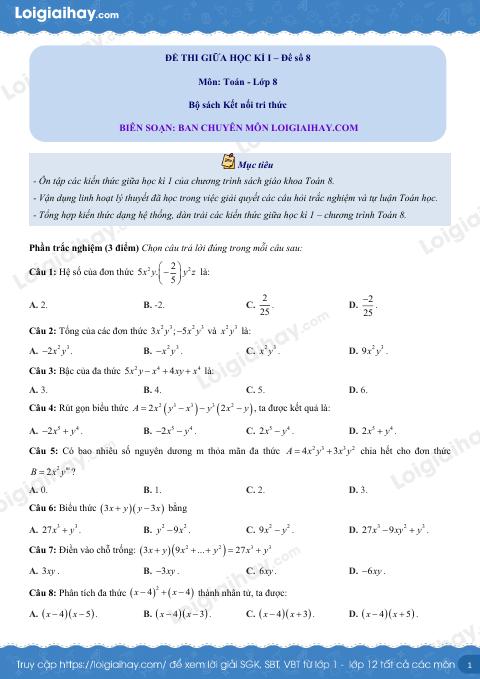 Đề thi giữa kì 1 Toán 8 Kết nối tri thức - Đề số 8